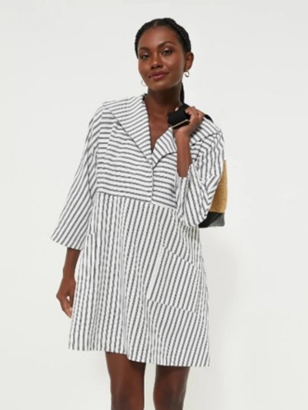 Striped V-Neck Cotton Shift Dress in White & Black